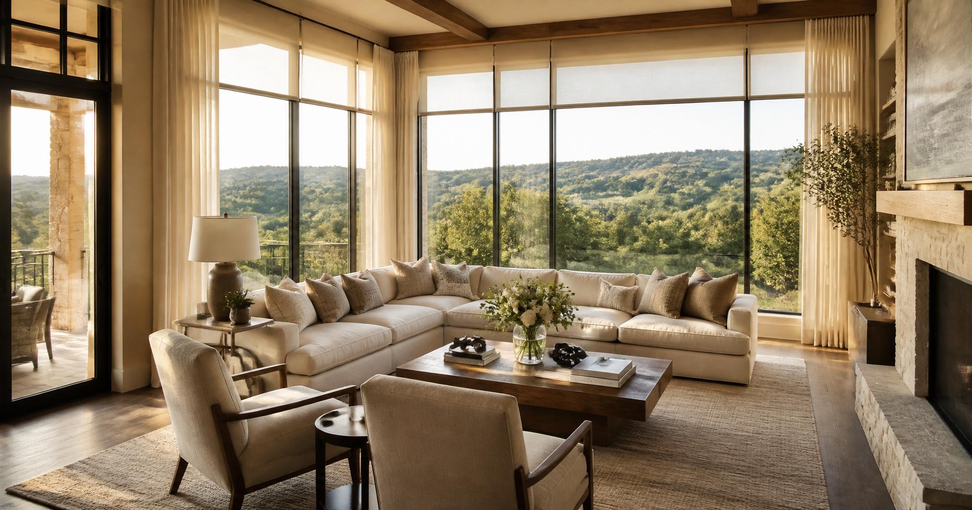 Hill Country living room with custom shades and drapery framing a valley view