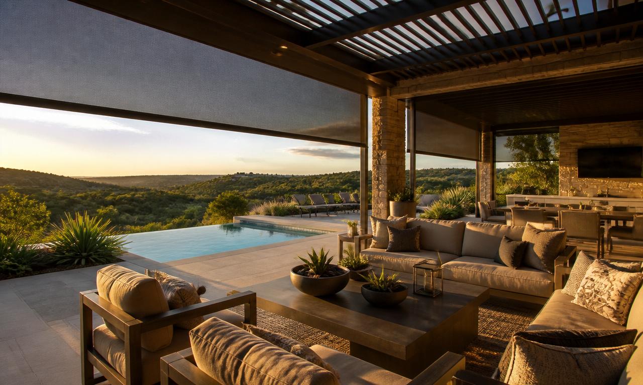 Covered patio with exterior solar shades overlooking a pool and hill country view